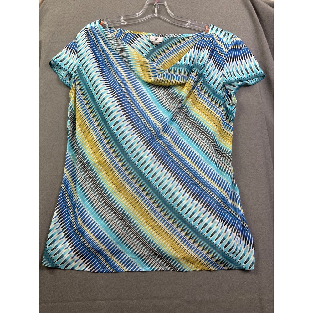 Worthington Women's Blue Yellow Ikat Print Cowl Neck Cap Sleeve Blouse Large